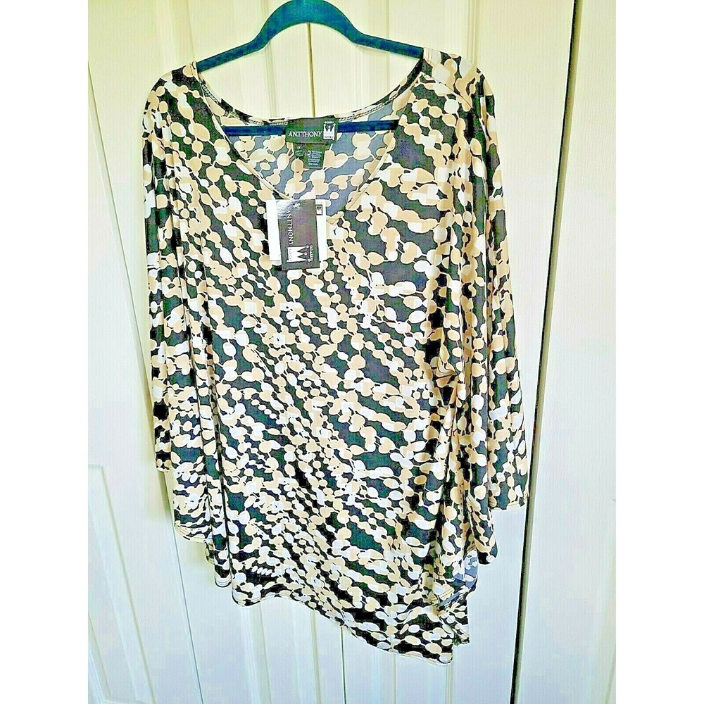 Antthony Top Size 1X Asymmetrical Handkerchief Top 18/20 Blk/Tan/Wht NWT